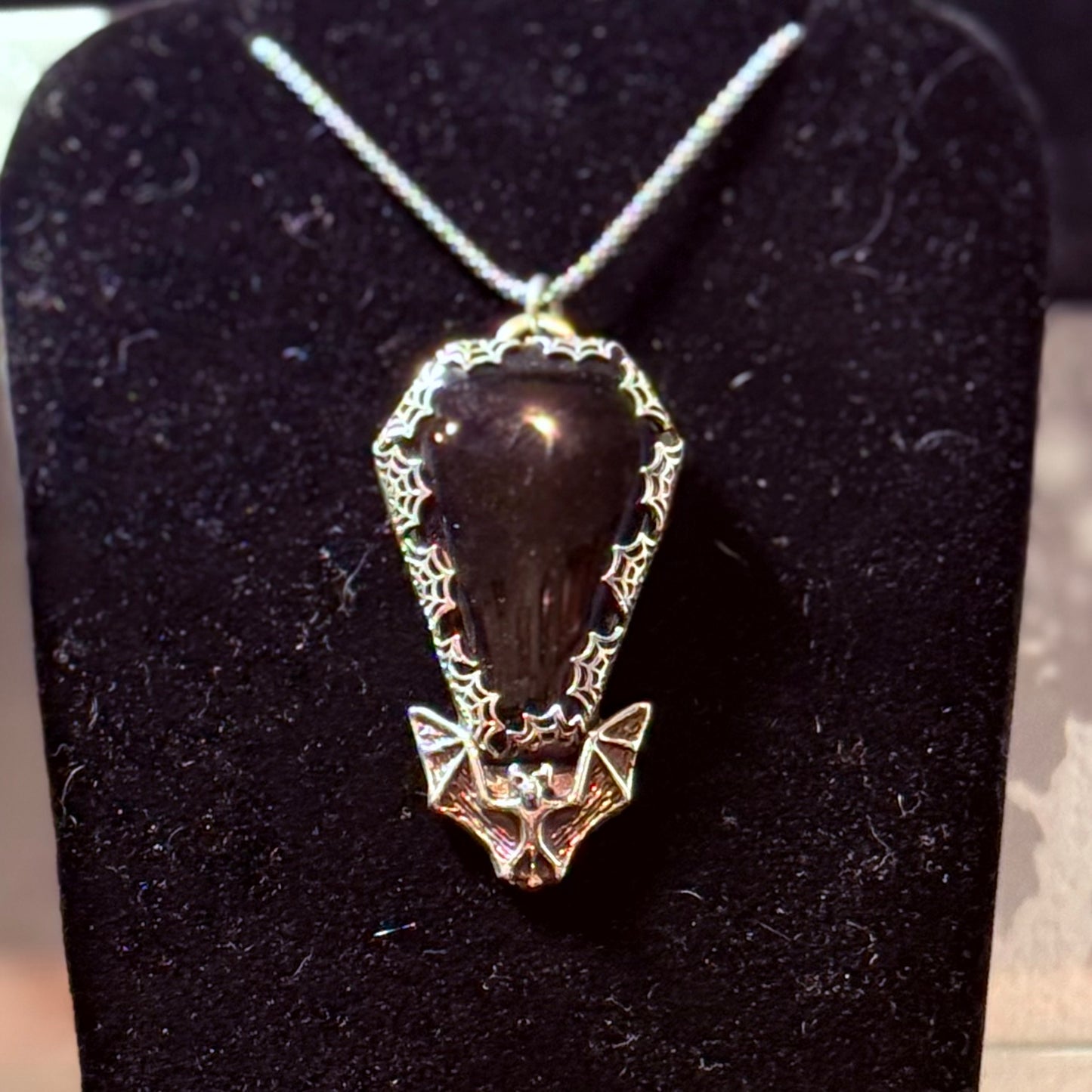Gothic Victorian Obsidian Coffin Sterling Bat Necklace