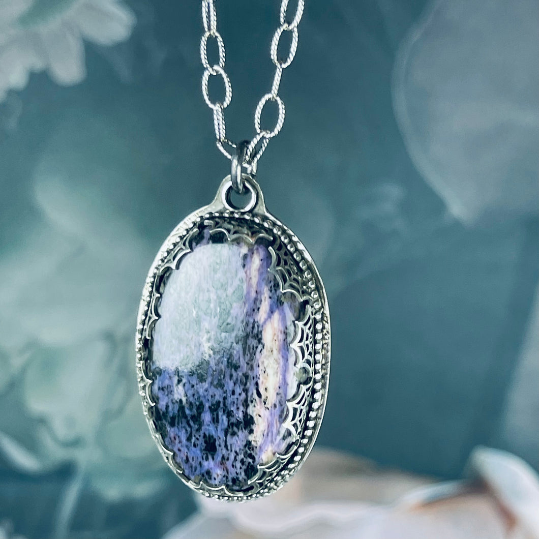 Gothic Victorian Charoite Spiderweb Sterling Necklac