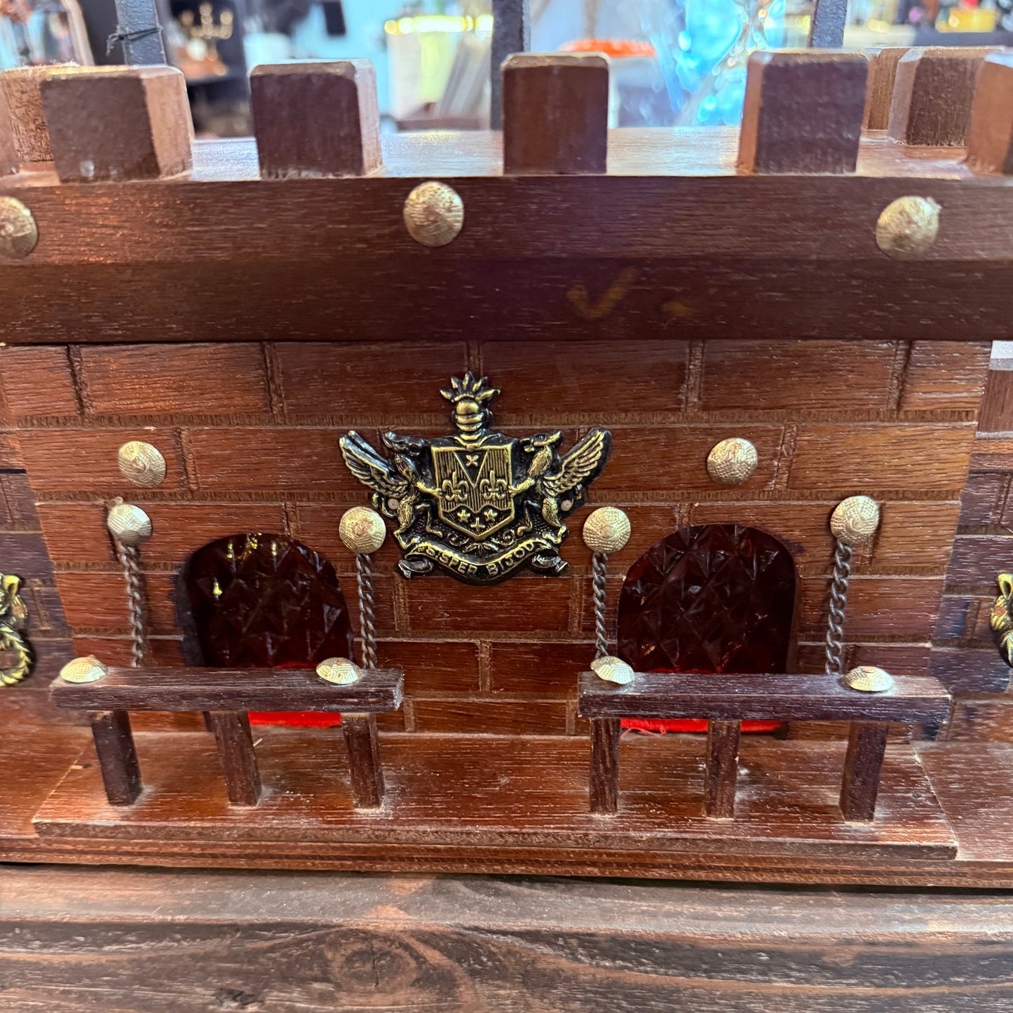 Vintage Dark Wood Castle Decanter Set