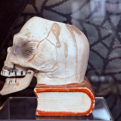 Antique 1930’s Bisque Skull on Book Nodder Candleholder