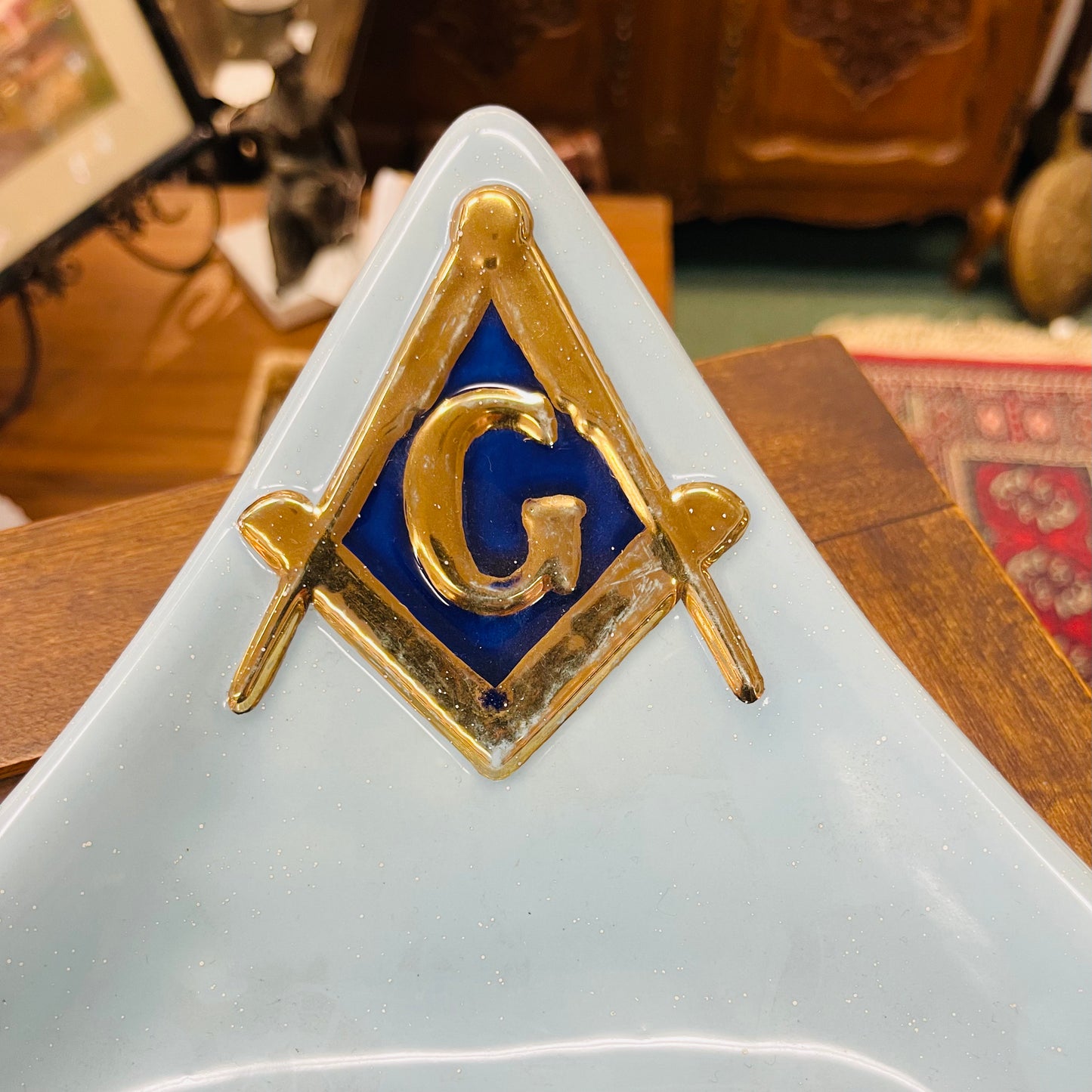 Antique Powder Blue Masonic Ashtray