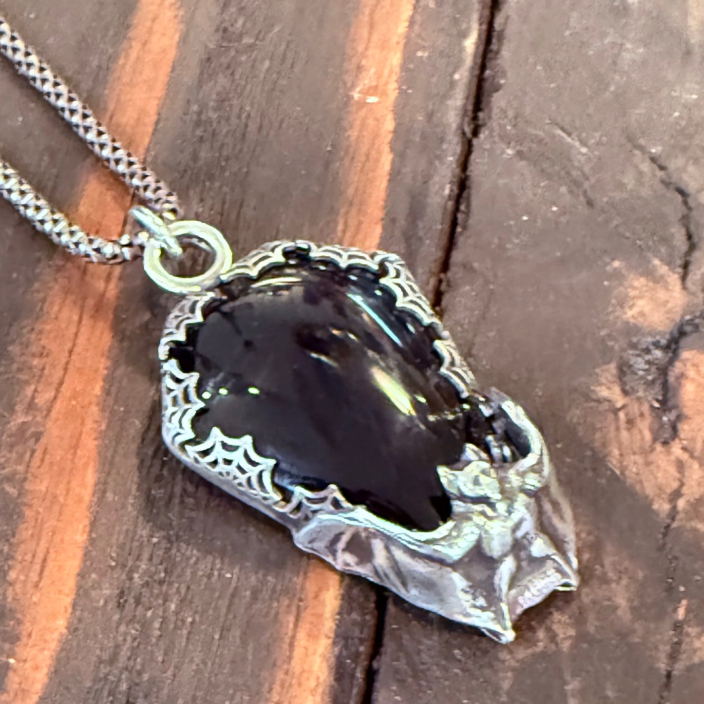 Gothic Victorian Handmade Obsidian Coffin Bat Spiderweb Necklace