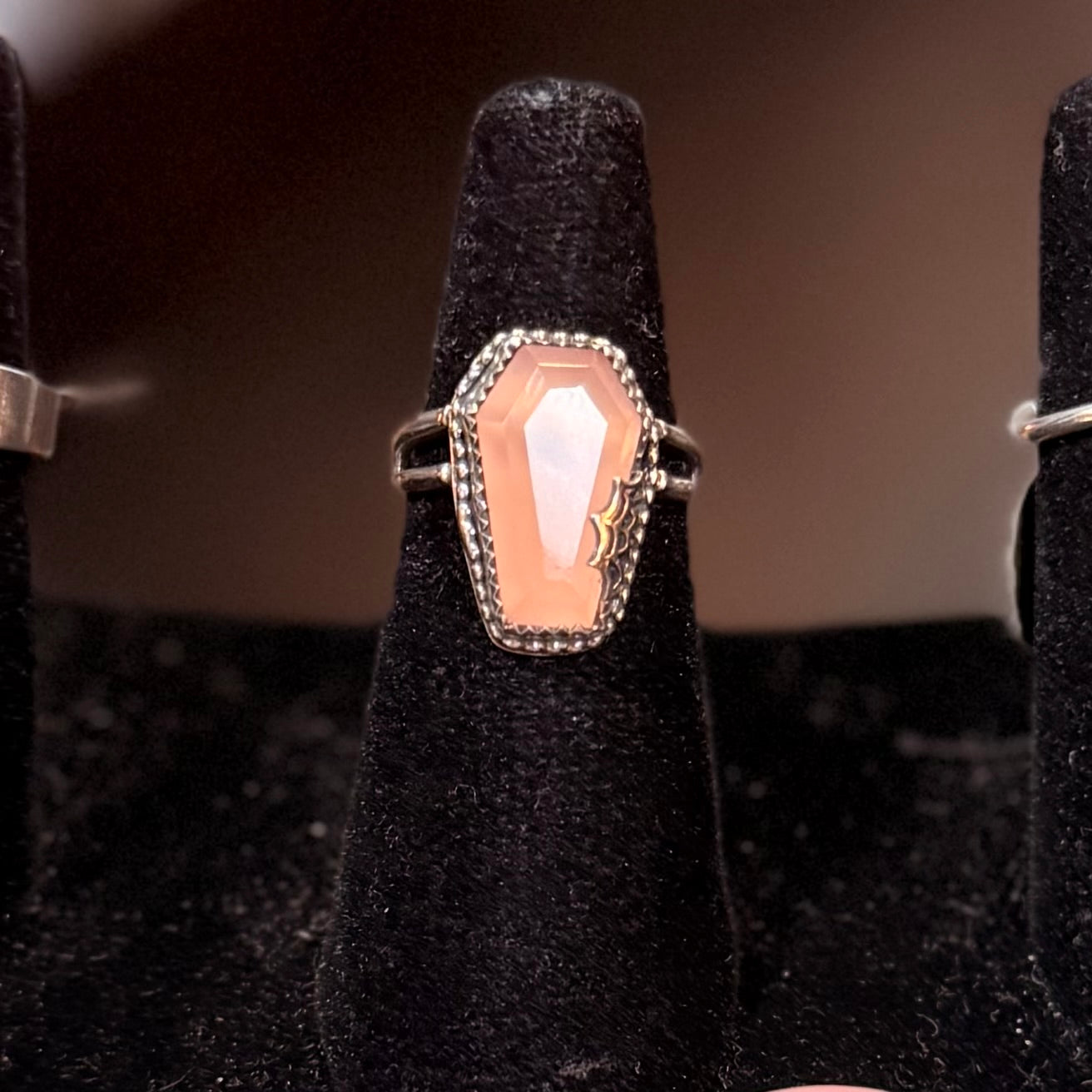 Sterling Spiderweb Rose Quartz Coffin Ring Handmade