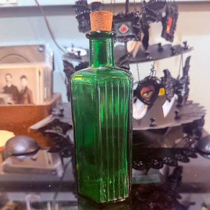 Antique Emerald Green Poison Bottle Hexagonal 6”