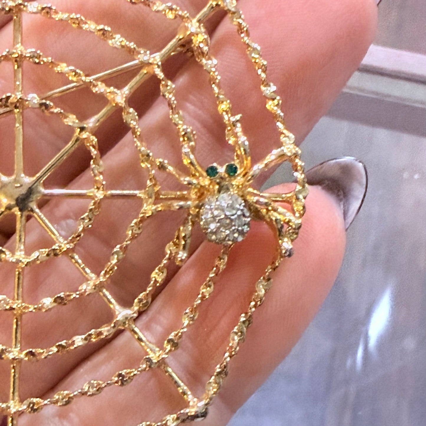 Antique Goldtone Spiderweb Rhinestone Spider Brooch