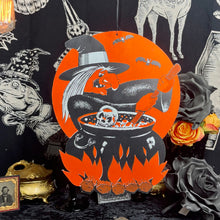 Load image into Gallery viewer, Antique 1960’s Beistle Witch with Cauldron Diecut Halloween Decor
