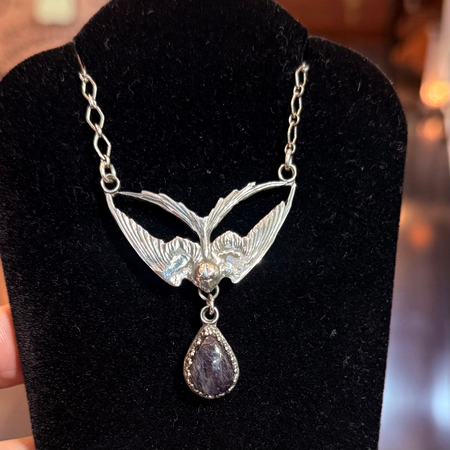 Sterling Victorian Swallow Iolite Drop Necklace
