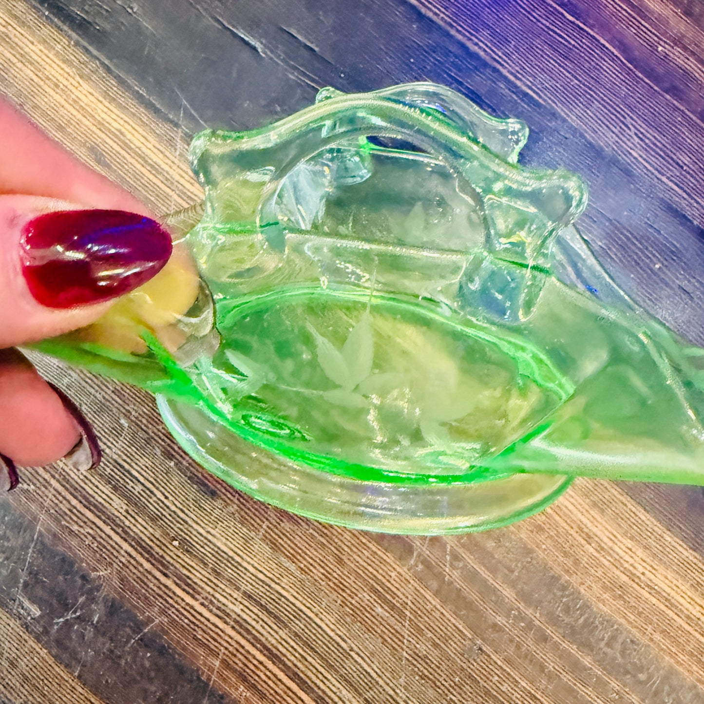 Antique Uranium Glass Curled Candy Dish