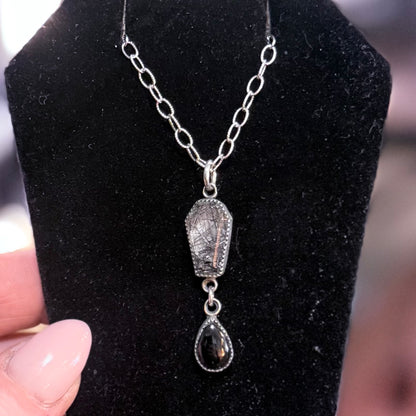 Sterling Tourmalated Quartz Coffin Onyx Drop Necklace