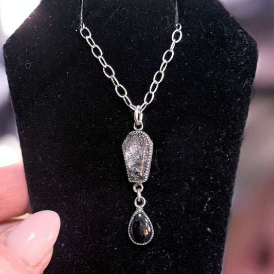 Sterling Tourmalated Quartz Coffin Onyx Drop Necklace