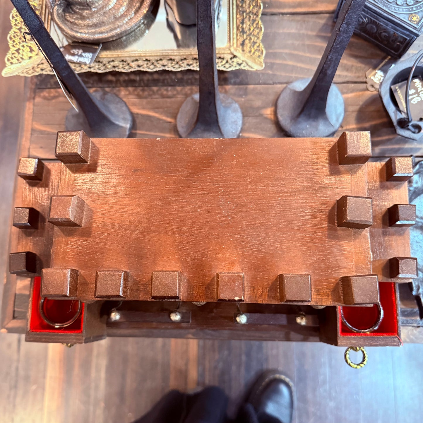 Vintage Dark Wood Castle Decanter Set