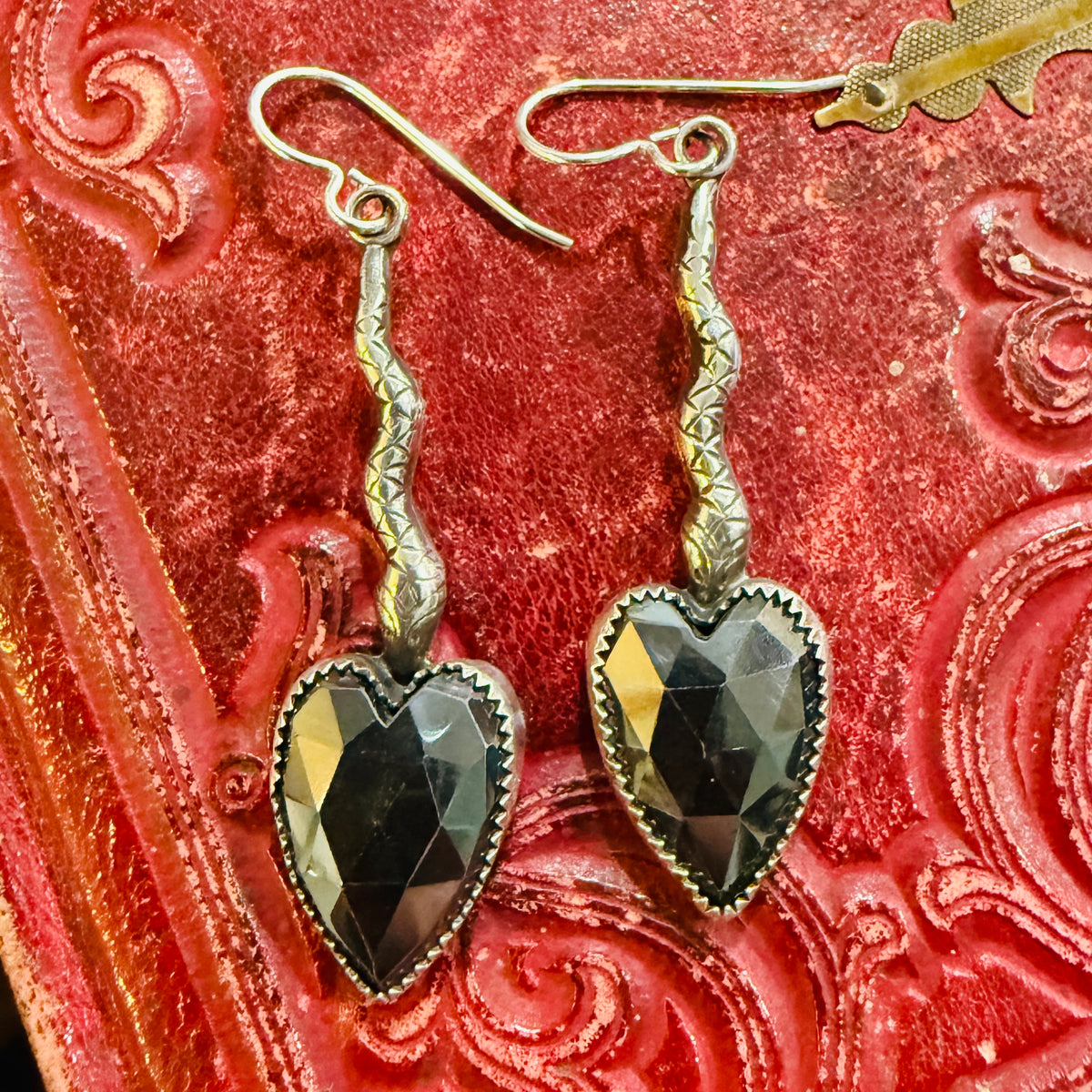 Handcrafted Sterling Snake Hematite Heart Earrings