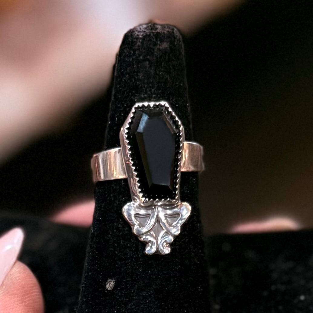 Gothic Art Nouveau Sterling Onyx Coffin Ring