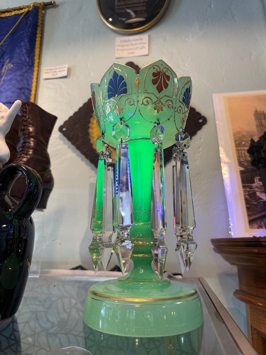 Victorian Uranium Opaline Glass Candle Holder W/Mirrored Prisms