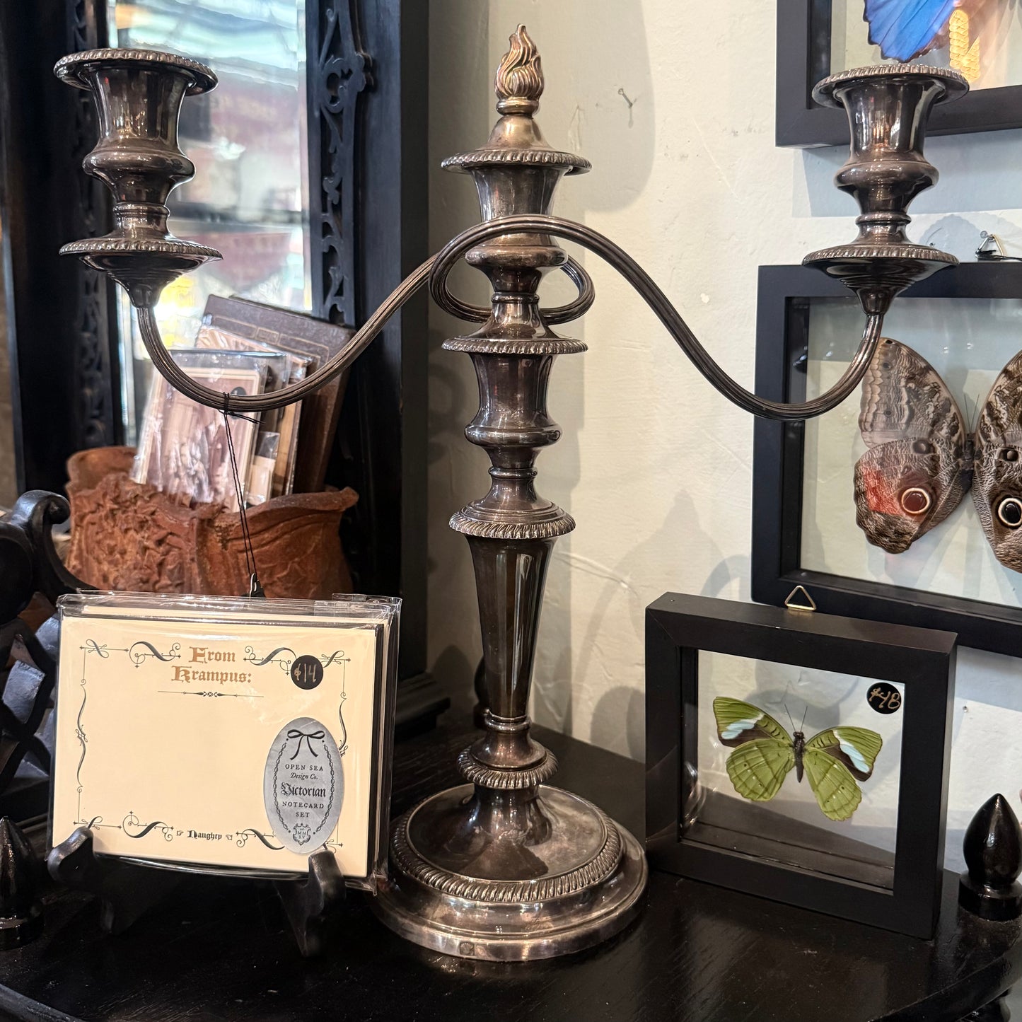 Antique Silver Plate Two Arm Triple Candelabra With Torch Finial