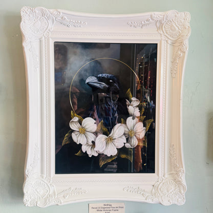 Bird Hag { Raven & Dogwoods } Fine Art Print White Victorian Style Framed 11” x 14”