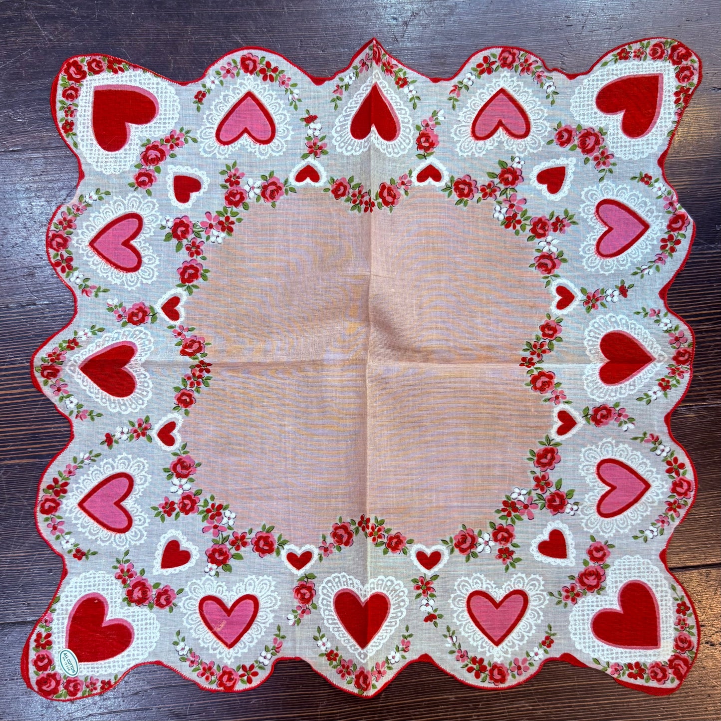 Antique Valentine Hearts Pink Handkerchief NWT