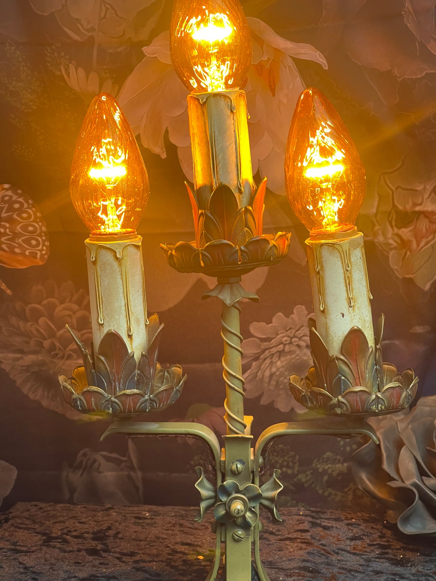 Early 1920’s Ornate Metal Triple Arm Candelabra Lamp