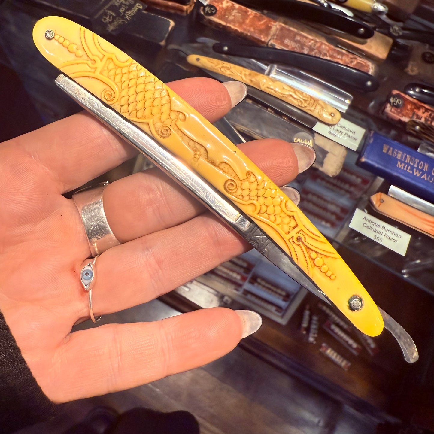 Antique Floral Design Celluloid Razor With Box