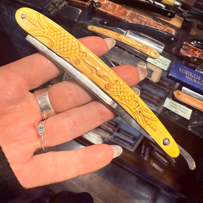 Antique Floral Design Celluloid Razor With Box