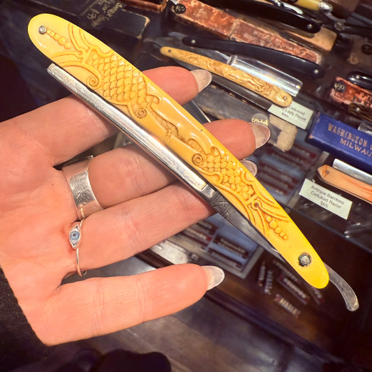 Antique Floral Design Celluloid Razor With Box