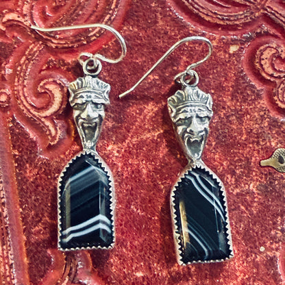 Handcrafted Sterling 1800’s Screaming Gargoyle Banded Agate Coffin Earrings