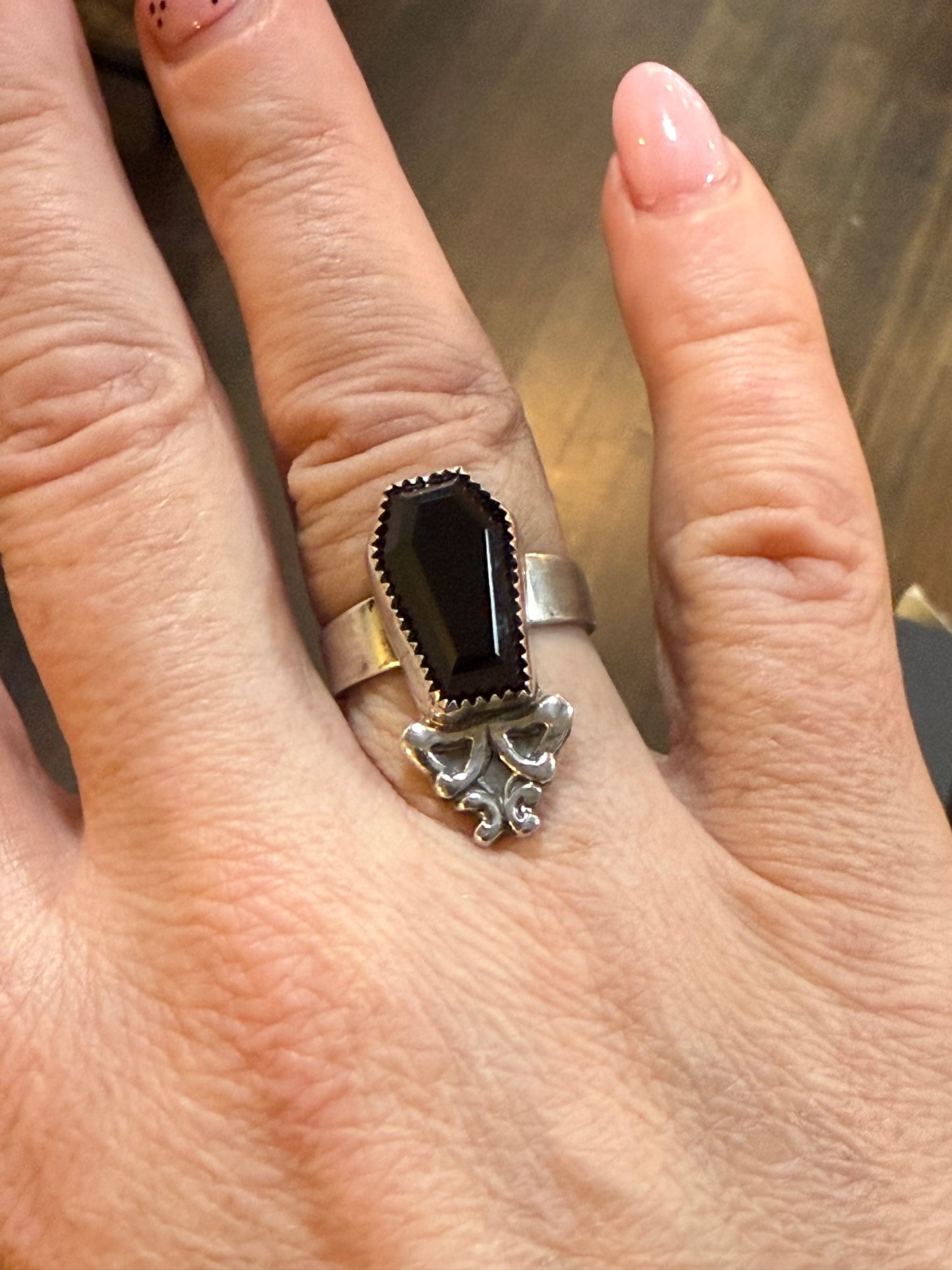 Gothic Art Nouveau Sterling Onyx Coffin Ring