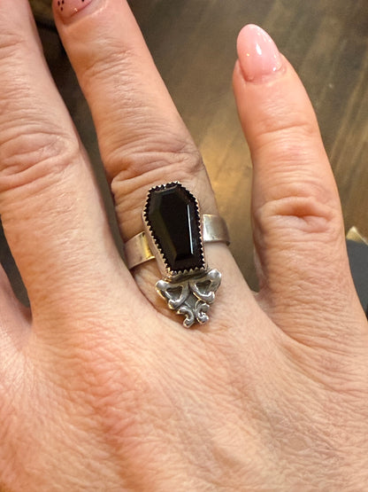 Gothic Art Nouveau Sterling Onyx Coffin Ring
