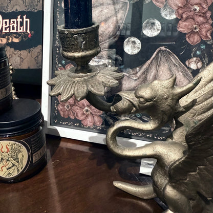 Antique Winged Griffin Heavy Brass Candleholder