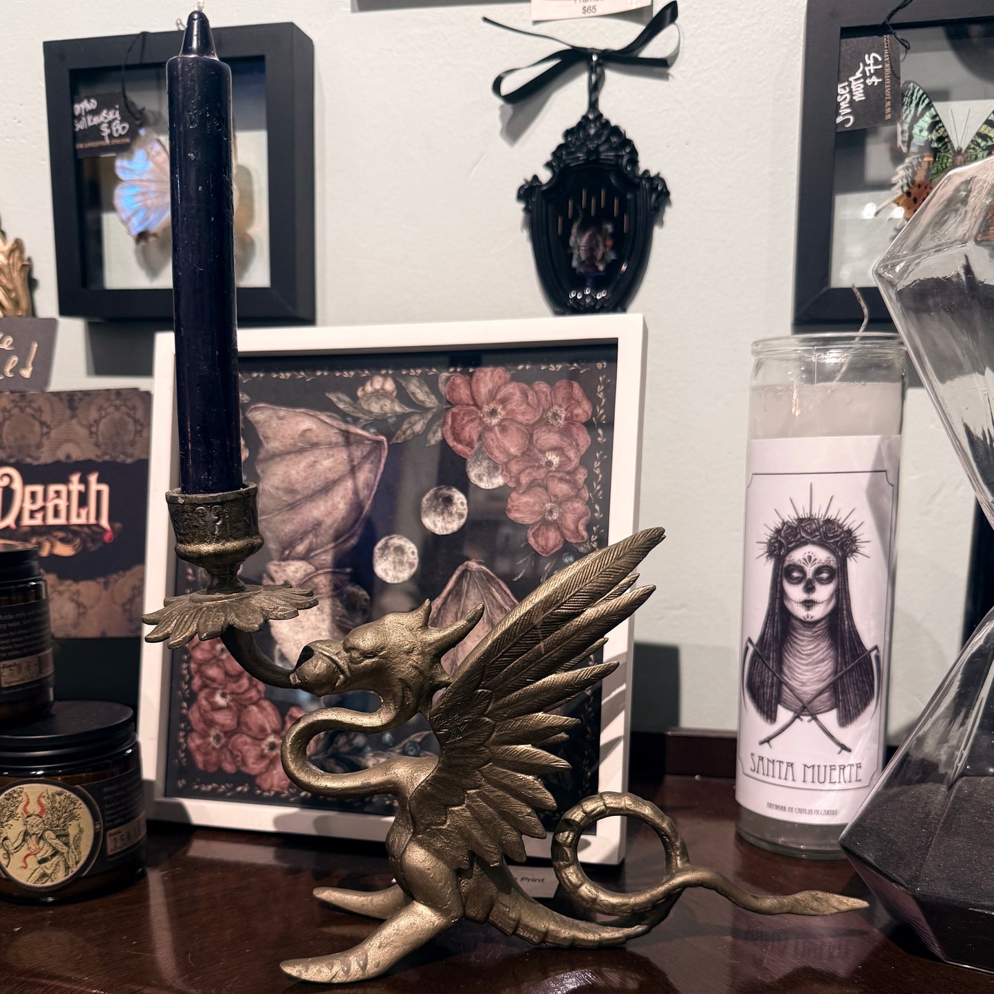 Antique Winged Griffin Heavy Brass Candleholder