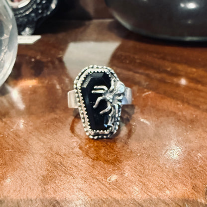 Sterling Spiderweb & Spider Onyx Coffin Ring Spider Handmade Size 7 1/2