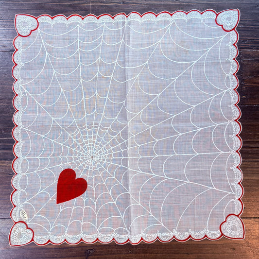 Antique Rare Spiderweb Rhinestone Valentine Heart Handkerchief