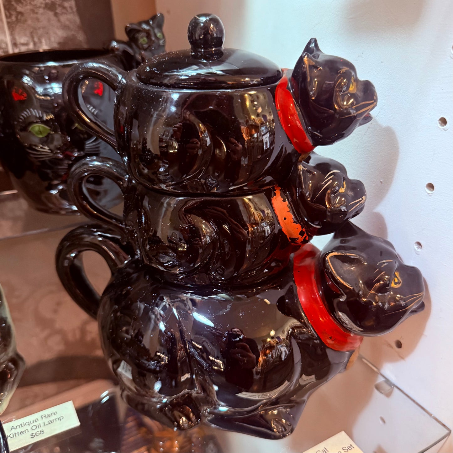Antique Black Cat Stacking Teapot Set