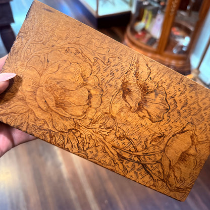 Antique Art Nouveau Pyrography Hinged Wooden Poppy Box