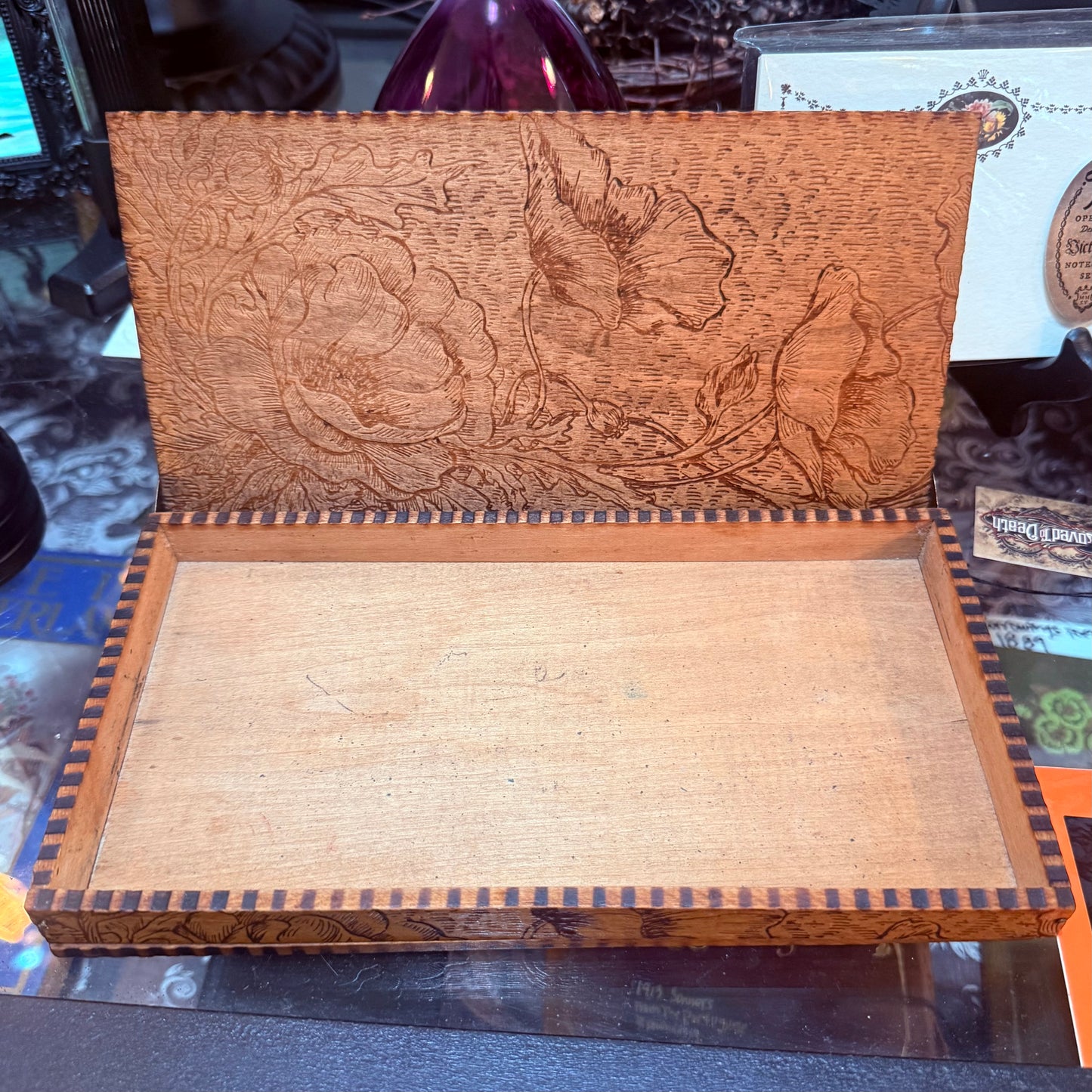 Antique Art Nouveau Pyrography Hinged Wooden Poppy Box
