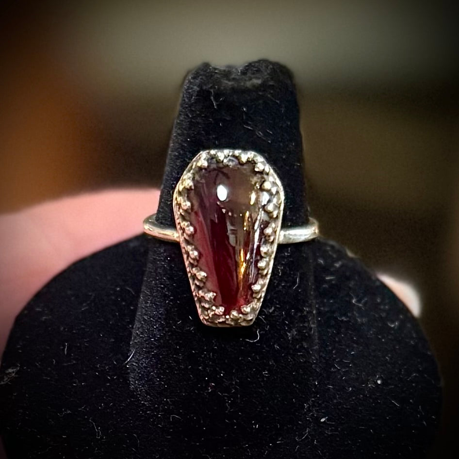 Sterling Garnet Coffin Ring Handmade