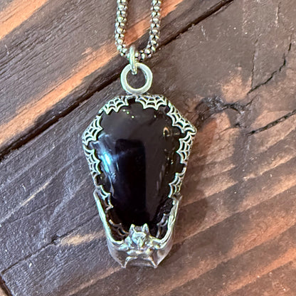 Gothic Victorian Handmade Obsidian Coffin Bat Spiderweb Necklace