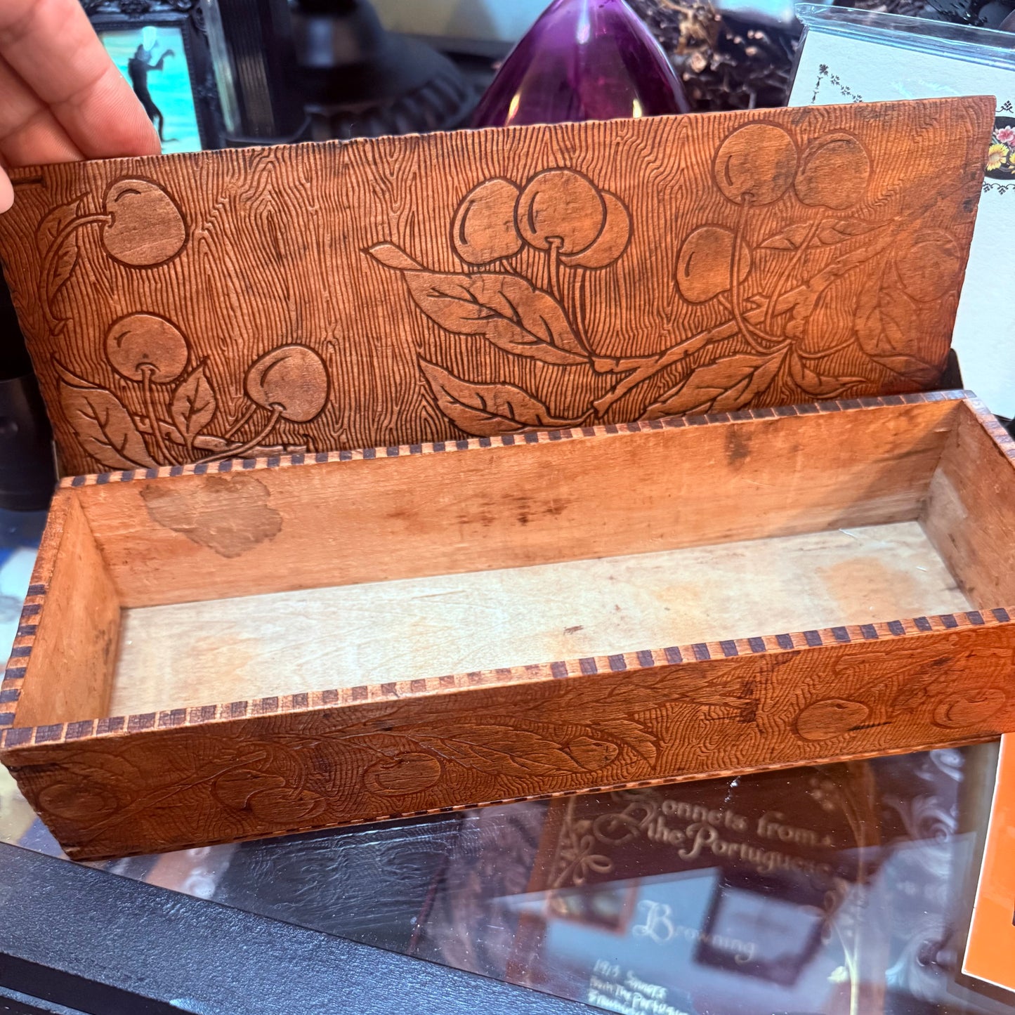 Antique Art Nouveau Pyrography Hinged Wooden Cherries Box
