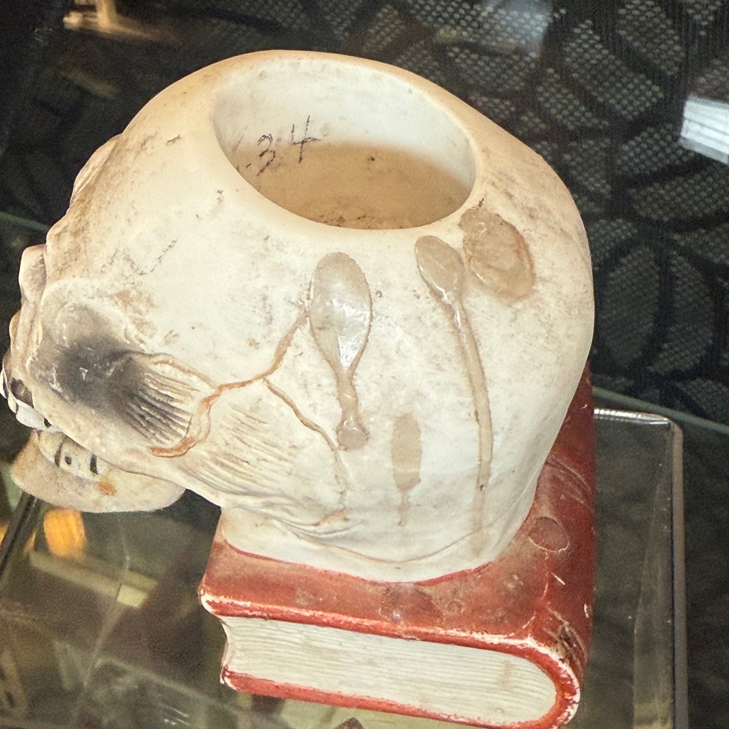 Antique 1930’s Bisque Skull on Book Nodder Candleholder