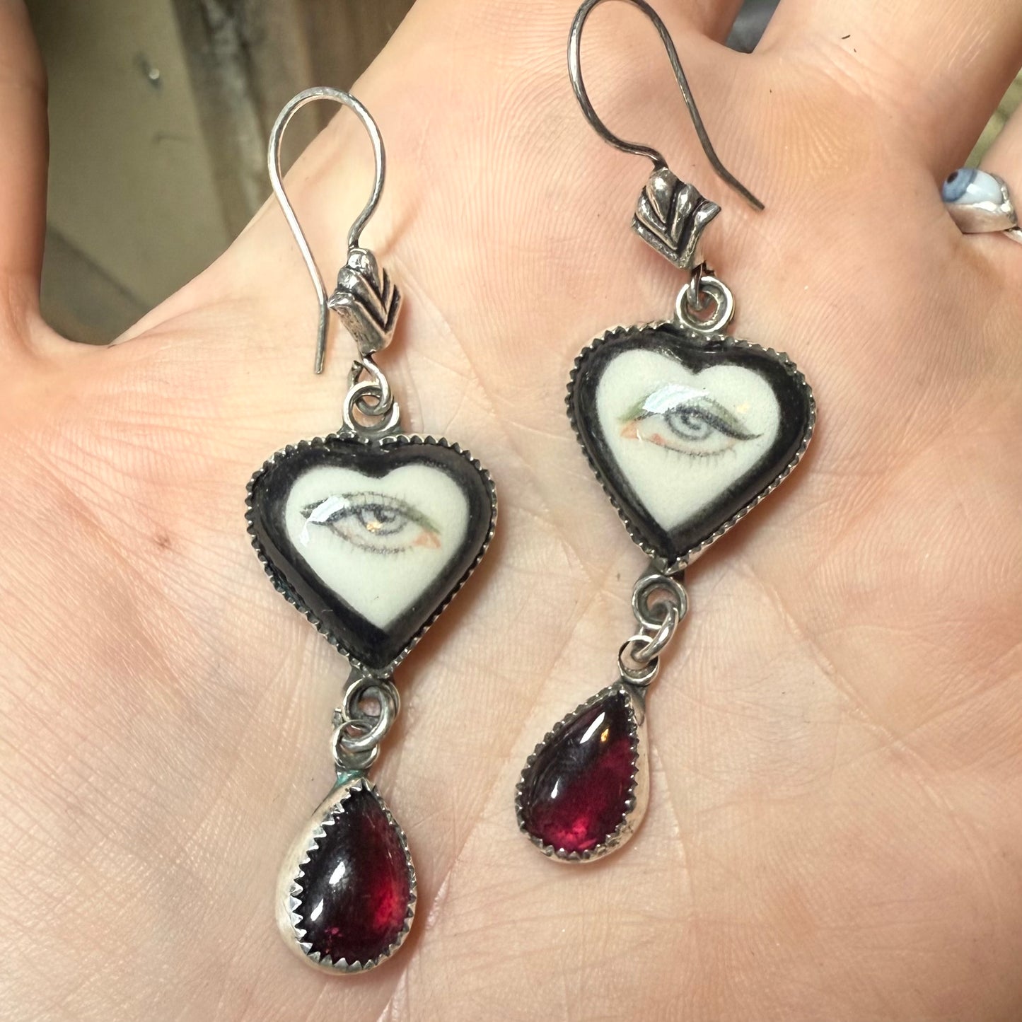 Sterling Gothic Victorian Lover’s Eye Black Heart Earrings Garnet Drops Blue Eye