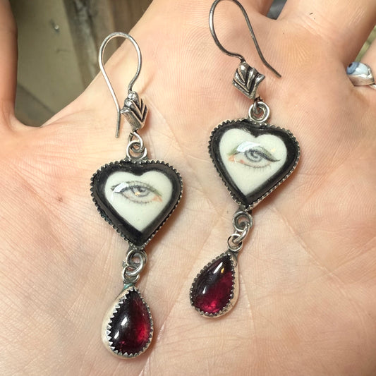 Sterling Gothic Victorian Lover’s Eye Black Heart Earrings Garnet Drops Blue Eye