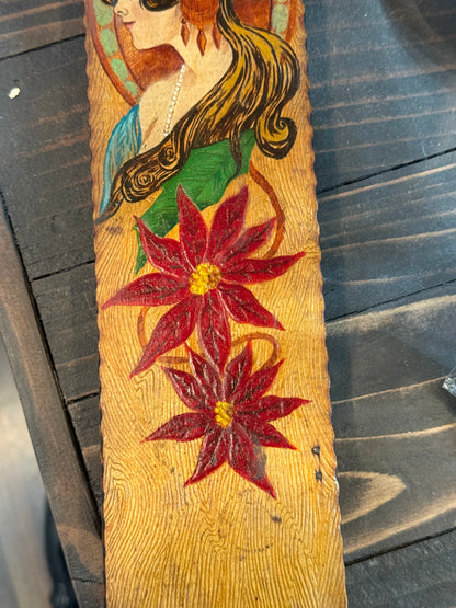 Antique Art Nouveau Woman & Red Flowers Hand Painted Pyrography Hinged Wooden Box