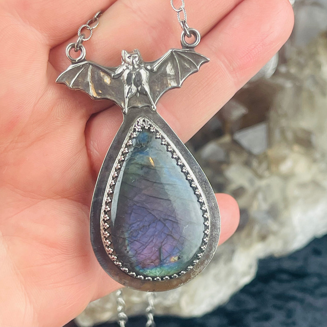 Gothic Victorian Vampire Bat Necklace Purple Labradorite Teardrop Sterling Art Nouveau
