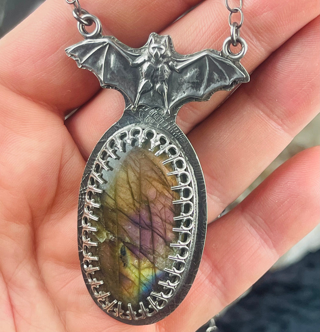 Gothic Victorian Vampire Bat Necklace Rainbow Purple Labradorite Sterling Art Nouveau