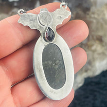 Load image into Gallery viewer, Gothic Victorian Vampire Bat Necklace Rainbow Purple Labradorite Sterling Art Nouveau
