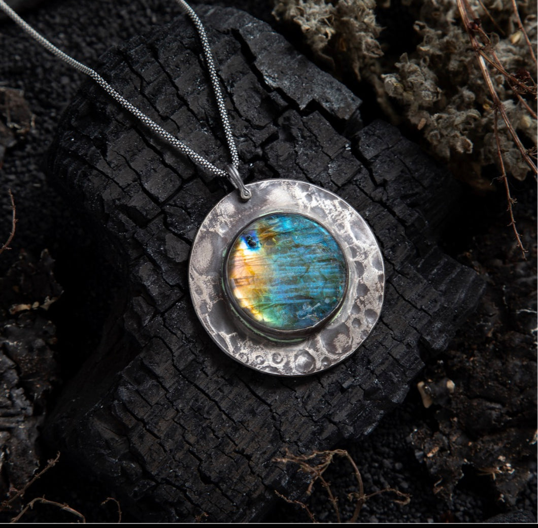 Labradorite Blue Gold Full Moon Sterling Amulet Necklace