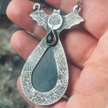 Load image into Gallery viewer, Gothic Victorian Vampire Bat Necklace Purple Labradorite Teardrop Sterling Art Nouveau
