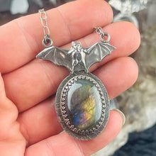 Load image into Gallery viewer, Gothic Victorian Vampire Bat Necklace Purple Labradorite Sterling Art Nouveau
