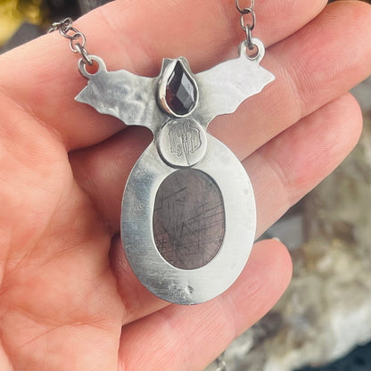 Gothic Victorian Vampire Bat Necklace Tourmalated Quartz Sterling Art Nouveau