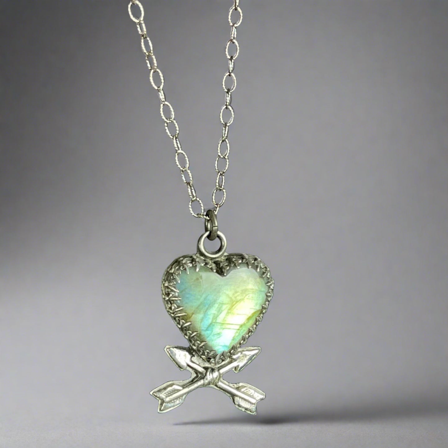 Gothic Victorian Handmade Crossed Arrow Labradorite Heart Sterling Necklace #1
